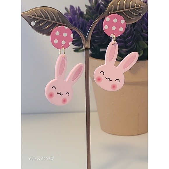 Handmade Jewelry - Pink Bunny Rabbit Polka Dot Drop Stud Earrings Handmade Jewelry NEW Easter